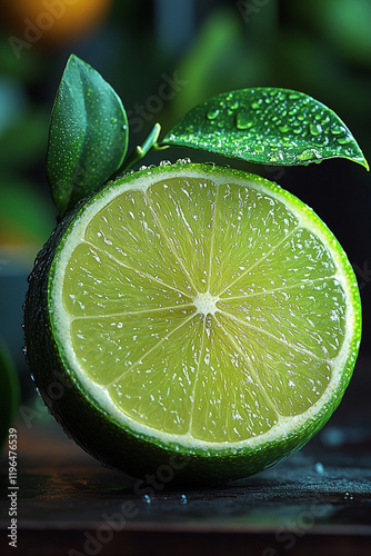 A juicy lime slice with fresh green leaves