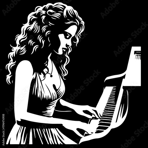 Woman Play Piano Illustration.