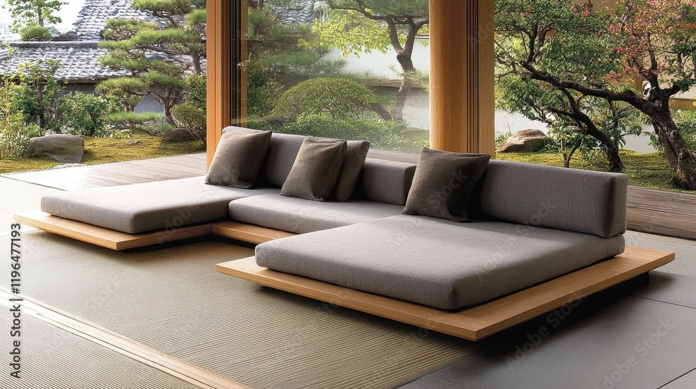 Fototapeta premium Modern Minimalist Seating in Serene Garden Setting