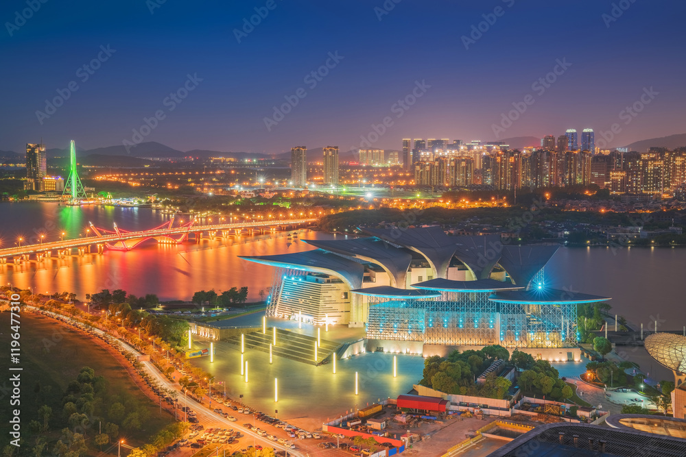 Fototapeta premium The city skyline and bridges of Wuxi, Jiangsu Province, China, and the scenery of the Taihu Lake Lake will be on July 30, 2024
