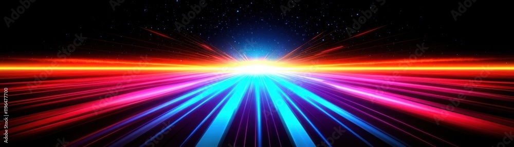 Obraz premium Vibrant Burst of Colorful Light Rays Emerging from a Central Point in a Dark Space, Evoking a Sense of Energy, Motion, and Futuristic Ambience