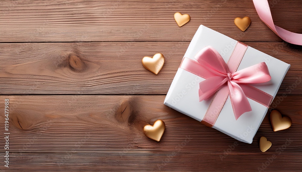 White With Gold Accents Gift Box with Pink Ribbon on Wooden Background. Top View of Romantic Gifts with Copy Space White With Gold Accents Gift Box with Pink Ribbon on Wooden Background. Top View of Romantic Gifts with Copy Space