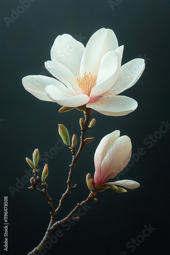 Elegant Magnolia Blossom Branch Against Dark Background