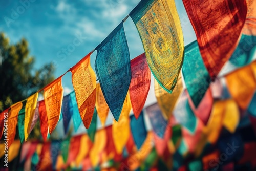 Colorful prayer flags hanging in a tranquil buddhist temple