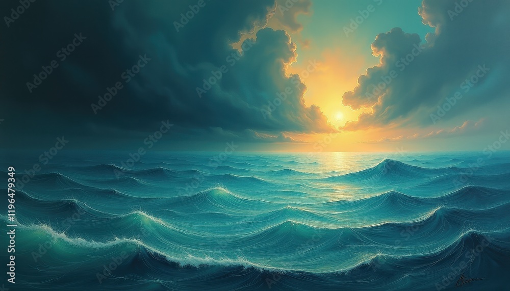 Fototapeta premium Serene Sunset Painting Over Ocean Waves in Vibrant Blues and Oranges