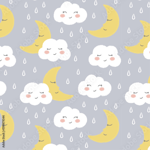 Seamless cartoon sky pattern with clouds rain drops. Cute doodle decorative scandinavian print for textile fabric apparel kid nursery design.