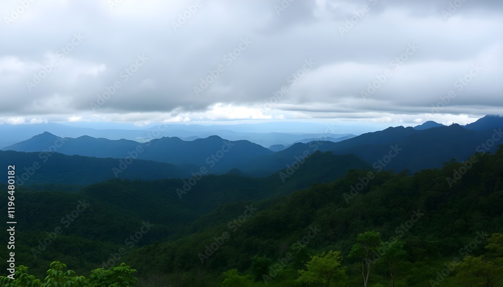 Breathtaking panoramic view of layered mountain forests under a cloudy sky in Mae Hong Son, Thailand, showcasing lush greenery and natural beauty Breathtaking panoramic view of layered mountain forests under a cloudy sky in Mae Hong Son, Thailand, showcasing lush greenery and natural beauty