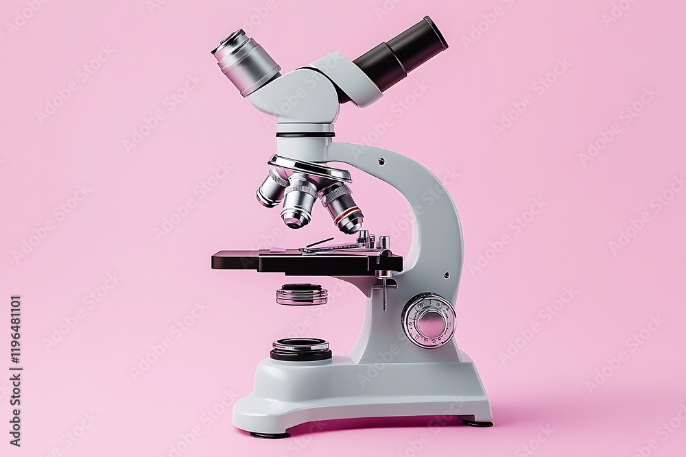 Retro Microscope Examining Smartphone on Pink Background Retro Microscope Examining Smartphone on Pink Background