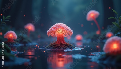 Surreal Forest Scene Illuminated by Glowing Red Mushroom Light Reflection on Tranquil Water photo