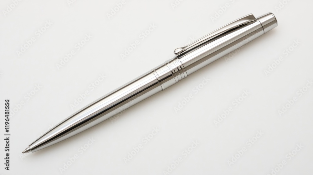 Sleek Silver Metal Pen on White Background Office Supplies Stationery Writing Instrument Sleek Silver Metal Pen on White Background Office Supplies Stationery Writing Instrument