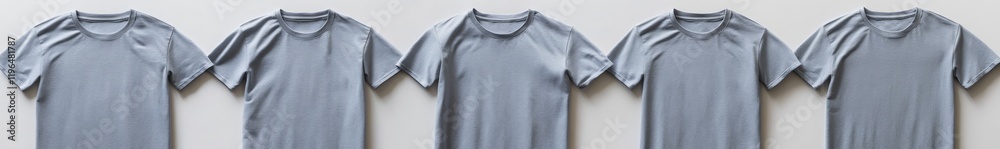Five light grey t-shirts arranged in a row on a white background. Five light grey t-shirts arranged in a row on a white background.