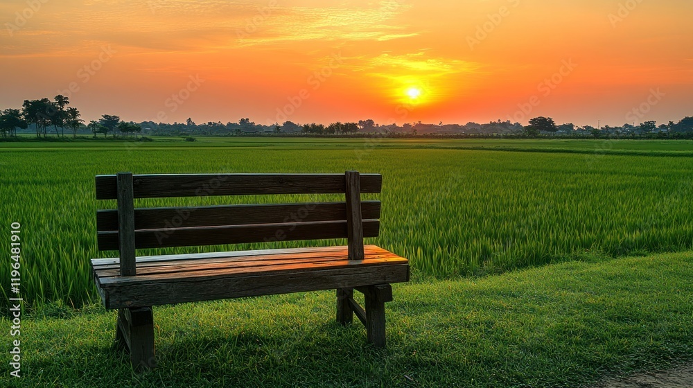 Sunset Rice Paddy Bench Serene rural scene Sunset Rice Paddy Bench Serene rural scene