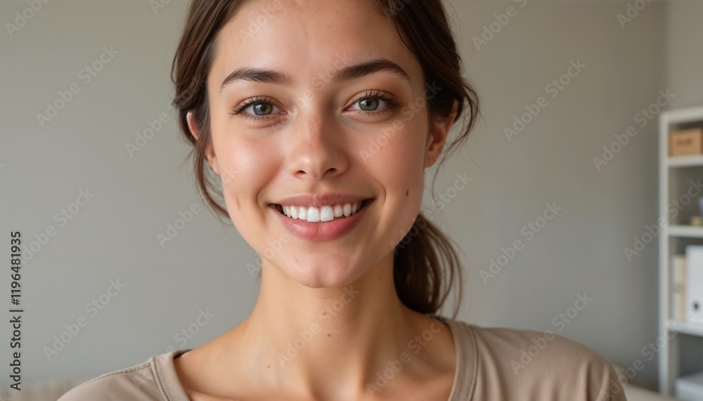 Smiling Girl with Dark Blonde Ponytail Standing Indoors Against a Beige Wall Smiling Girl with Dark Blonde Ponytail Standing Indoors Against a Beige Wall