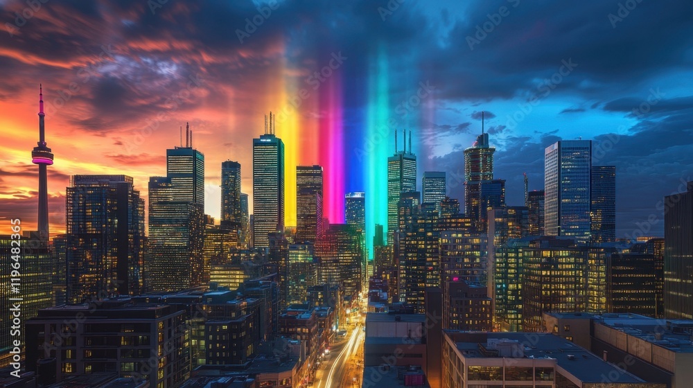 Fototapeta premium Urban skyline showcasing subtle LGBTQ symbols and pride colors under a twilight sky. Inclusive design with space for messages.