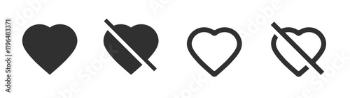 Heart like dislike icon vector ui ux interface element, favorite unfavorite rating button symbol line stroke outline art solid flat pictogram illustration set, web negative positive reaction image
