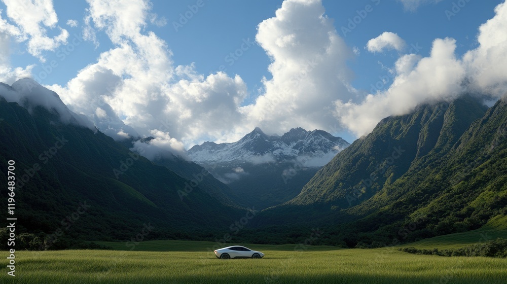 Futuristic car in a serene mountain landscape Futuristic car in a serene mountain landscape