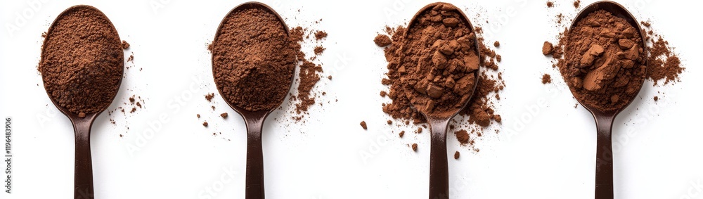 Four spoons of cocoa powder on white background, showing different textures.