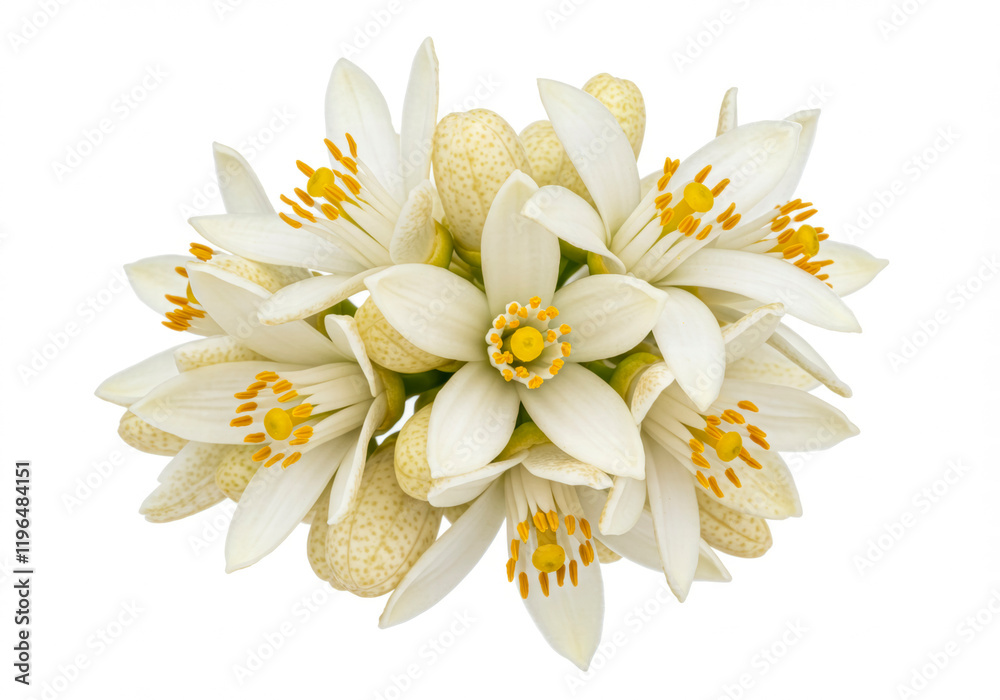 Fototapeta premium Orange tree flowers bunch closeup isolated on white, neroli blossom and white citrus tree bloom