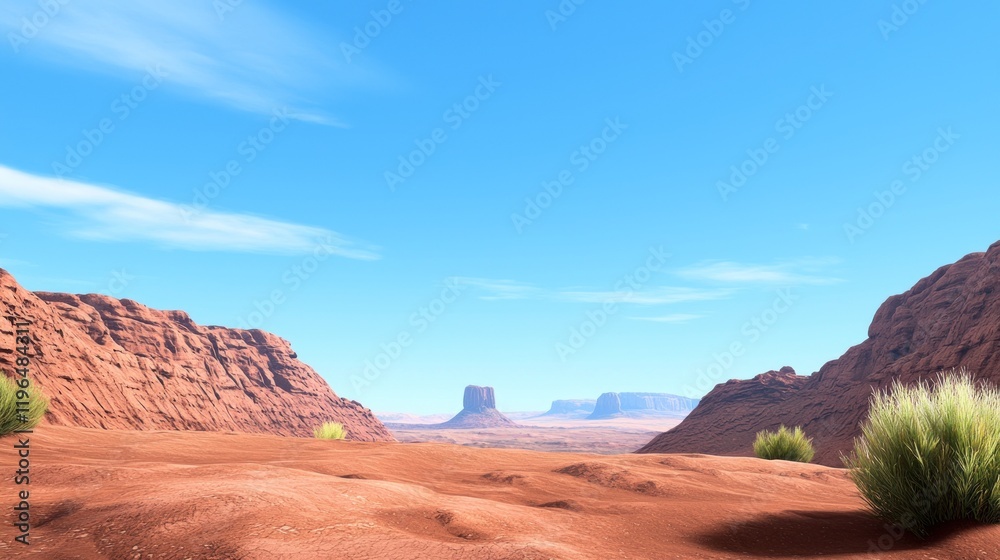 Naklejka premium A vast desert landscape with red rock formations and blue sky.