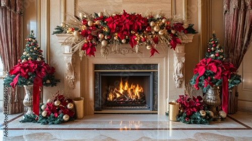 Elegant Christmas Fireplace Decor with Red and Gold Accents