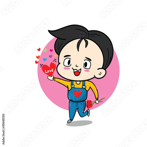 cute boy offering a heart-shaped gift with a warm smile. The boy is dressed in a playful, casual outfit, The heart is bright and vivid, symbolizing love and care, creating a sweet and endearing scene.