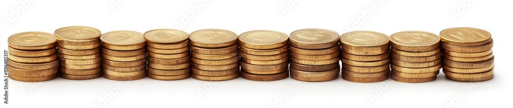 Rows of stacked gold coins on white background. (1)