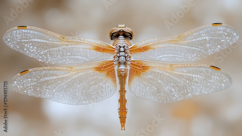 Close-up of a pale orange dragonfly with translucent wings against a blurred background. photo