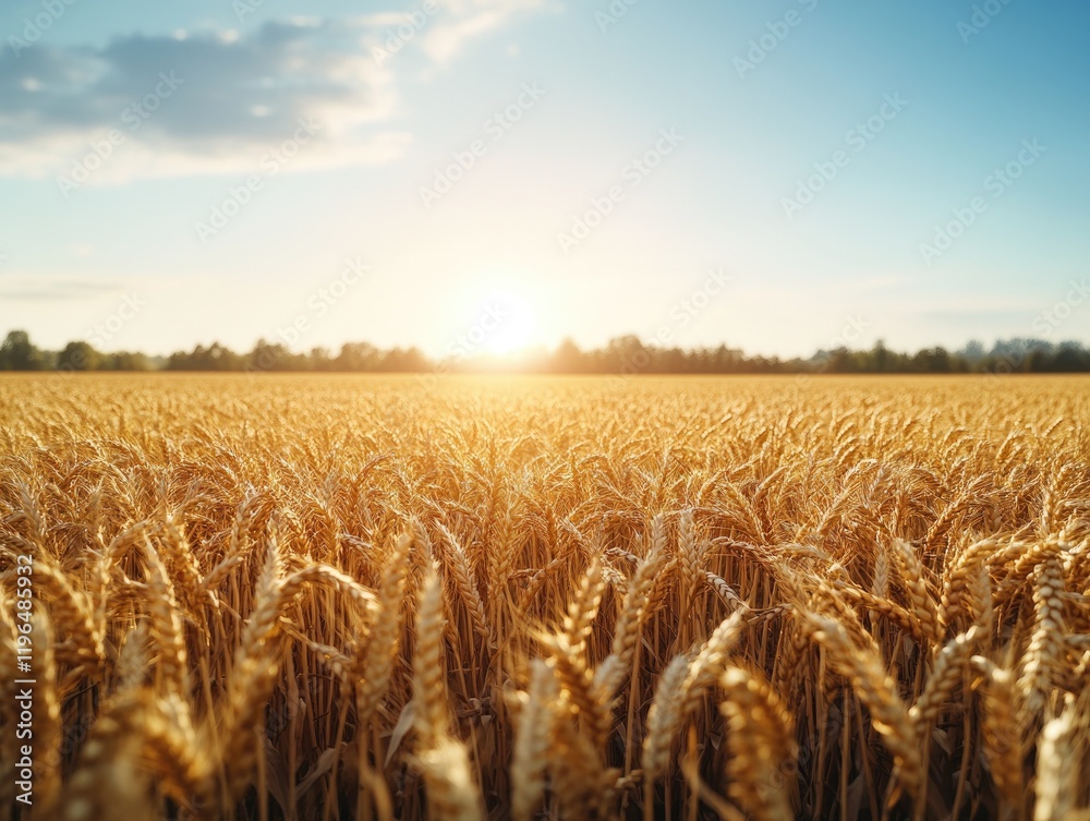 Naklejka premium Golden wheat field under a serene sunset sky