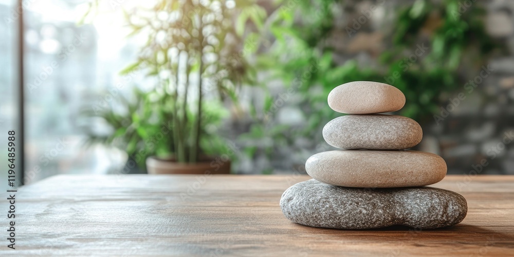 a stack of smooth stones on a wooden table with a bamboo plant in the background, representing zen and balance for a relaxation spa design space banner with copy space.