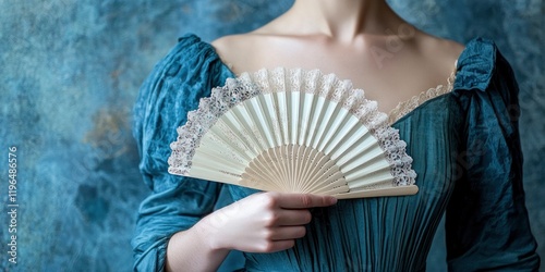 Woman in a blue regency dress holding an elegant white lace fan