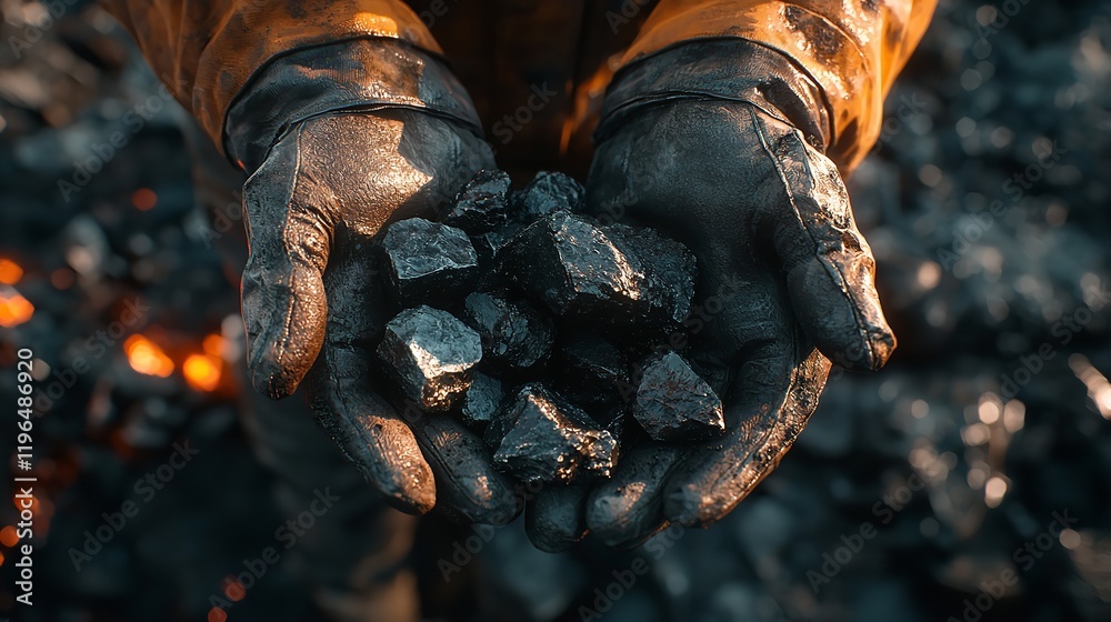 Coal mining : coal miner in the man hands of coal background. Picture idea about coal mining or energy source environment protection. Industrial coals. Volcanic rock Coal mining : coal miner in the man hands of coal background. Picture idea about coal mining or energy source environment protection. Industrial coals. Volcanic rock