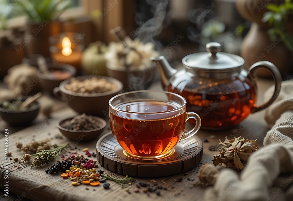 Aromatic Herbal Tea Brewing in Glass Teapot and Cup Aromatic Herbal Tea Brewing in Glass Teapot and Cup