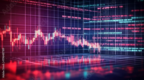 Stock market chart with candlestick charts on futuristic background, showing market decline, volatility, selloff photo