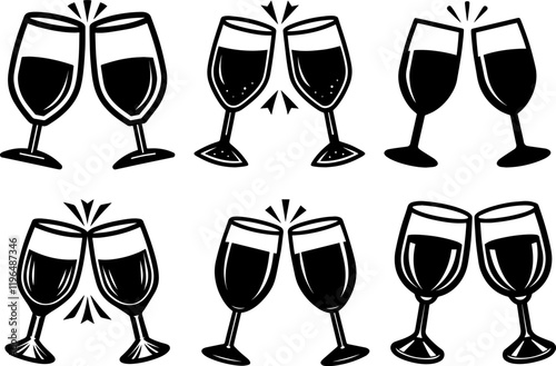 Set of Black Silhouette of a Wineglass in Toast - Vector Illustration