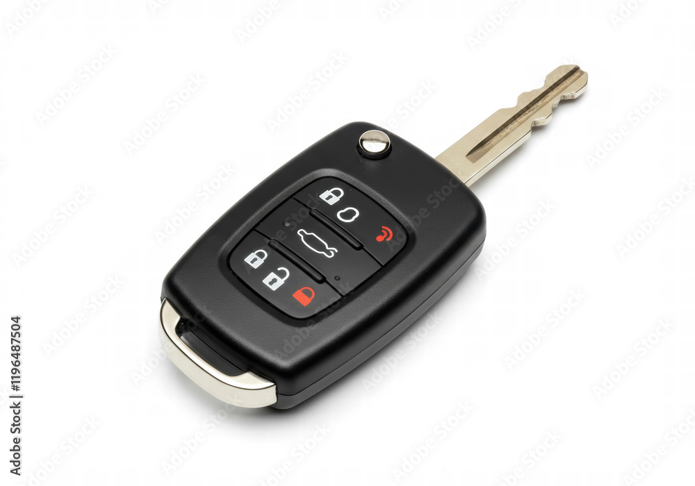 Modern car key with remote control isolated on white background, top view flat lay Modern car key with remote control isolated on white background, top view flat lay