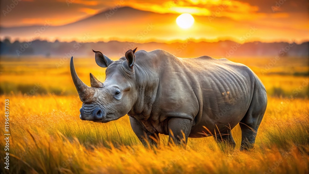 Obraz premium Serengeti White Rhino Bull Alert, Bokeh Wildlife Photography, African Safari Animal, Grassland Portrait