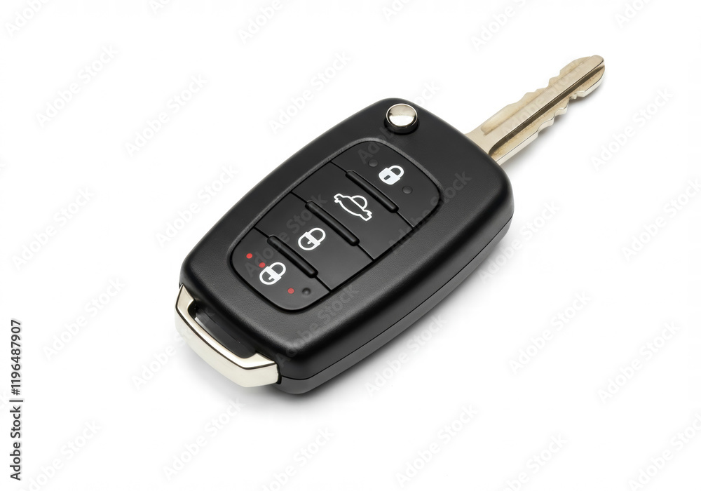 Modern car key with remote control isolated on white background, top view flat lay Modern car key with remote control isolated on white background, top view flat lay