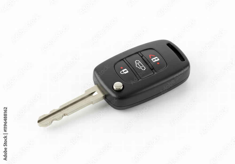 Modern car key with remote control isolated on white background, top view flat lay Modern car key with remote control isolated on white background, top view flat lay