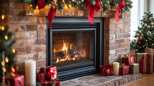 Cozy Christmas Fireplace with Presents and Decorations