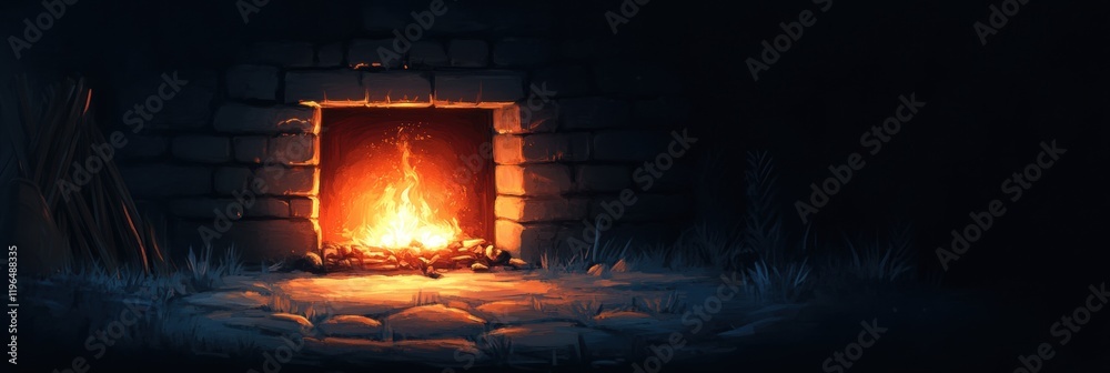 Fototapeta premium Enchanting Fireplace Cozy Brick Hearth Burning Fire Night Scene Rustic Stone