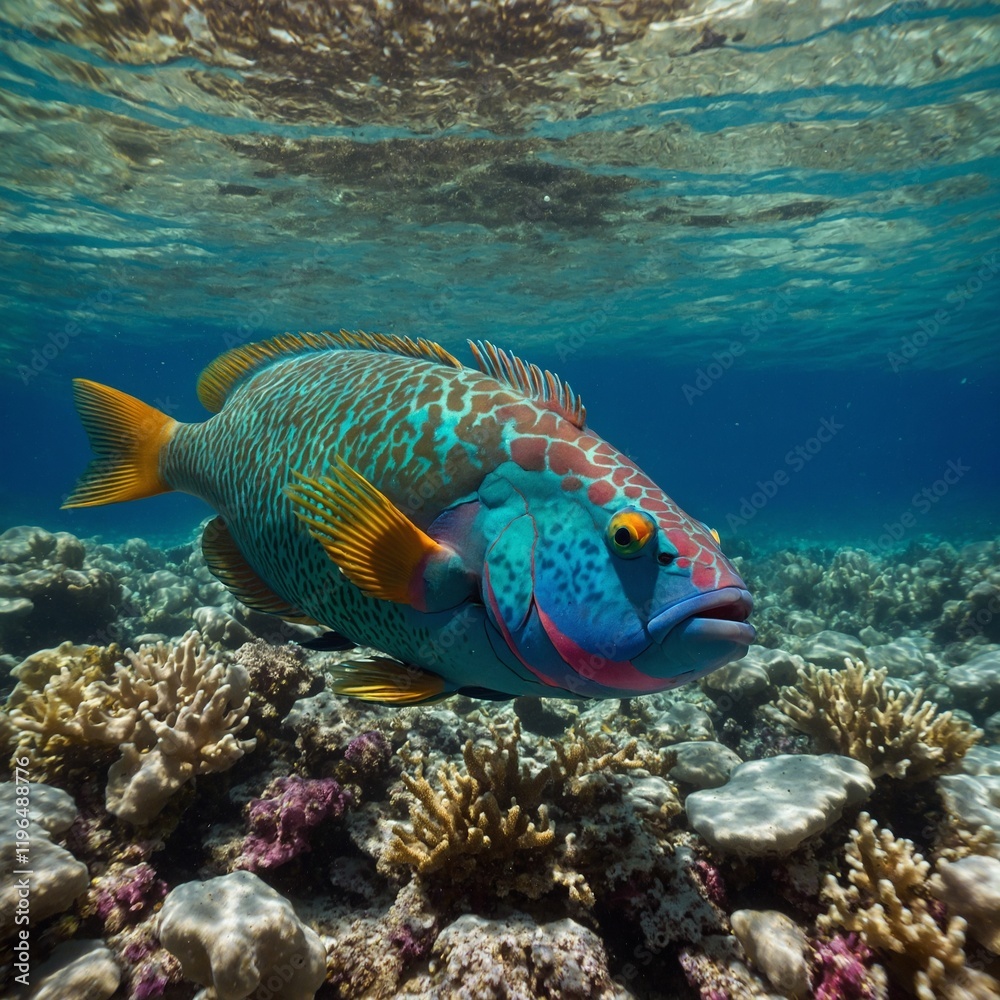 Fototapeta premium A colorful parrotfish swimming among coral in crystal-clear water.