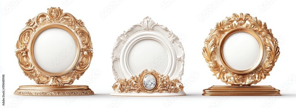 Three ornate frames, gold and white, on stands, isolated. Three ornate frames, gold and white, on stands, isolated.