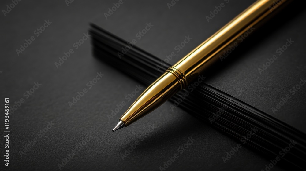 Luxurious Gold Pen Resting on Stack of Black Paper Elegant Stationery Business Concept Luxurious Gold Pen Resting on Stack of Black Paper Elegant Stationery Business Concept