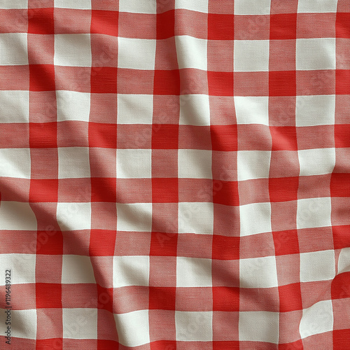 18h A close-up top-down view of a red and white checkered picnic tablecloth, neatly spread out with a clean and spacious center. The nappe takes up most of the image, with no items photo