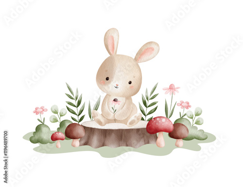 Watercolor Illustration Rabbit and Nature Elements