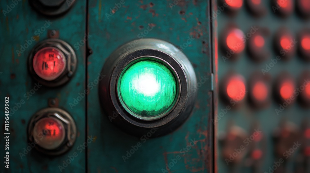 Fototapeta premium Glowing Green Light on Vintage Industrial Control Panel with Red Indicators