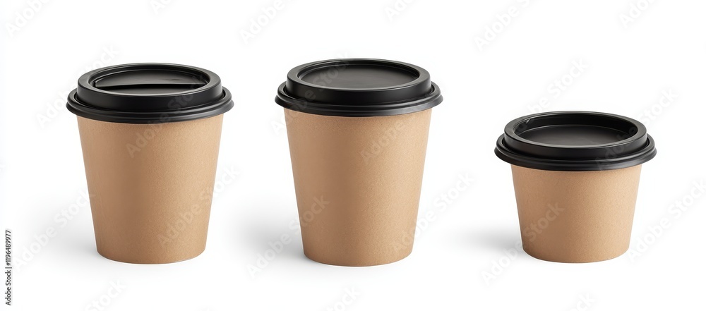 Three sizes of disposable paper coffee cups with black lids isolated on white background. Three sizes of disposable paper coffee cups with black lids isolated on white background.
