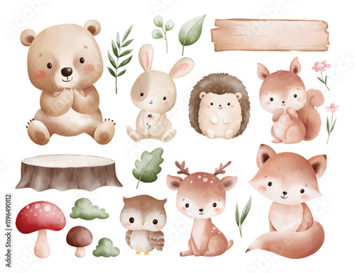 Watercolor Illustration Set of Woodland Animals and Nature Elements