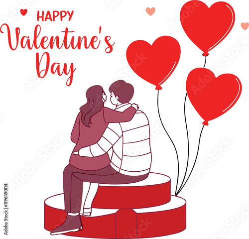 A heartwarming illustration of a loving couple embracing, seated on a red tiered platform.