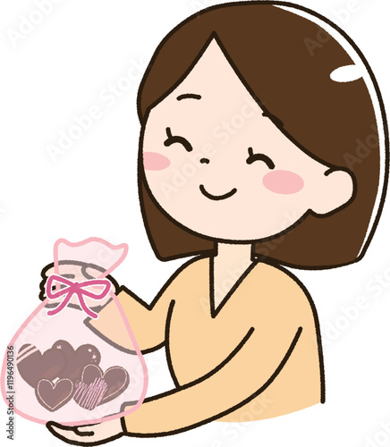 ピンク色の袋に入ったハート型のチョコレートをプレゼントする女性